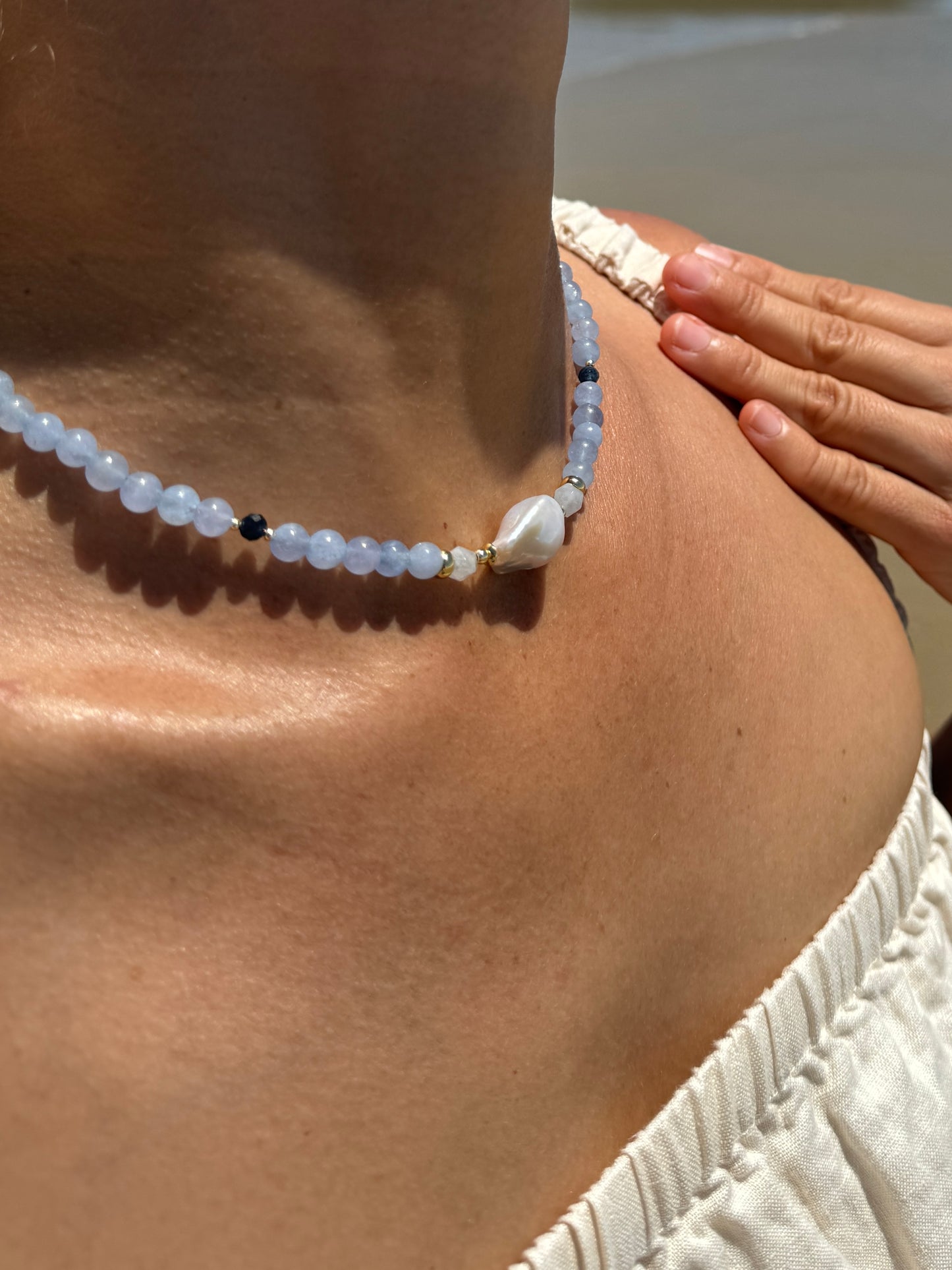 Bronte Aquamarine and Pearl 14K gold fill choker necklace