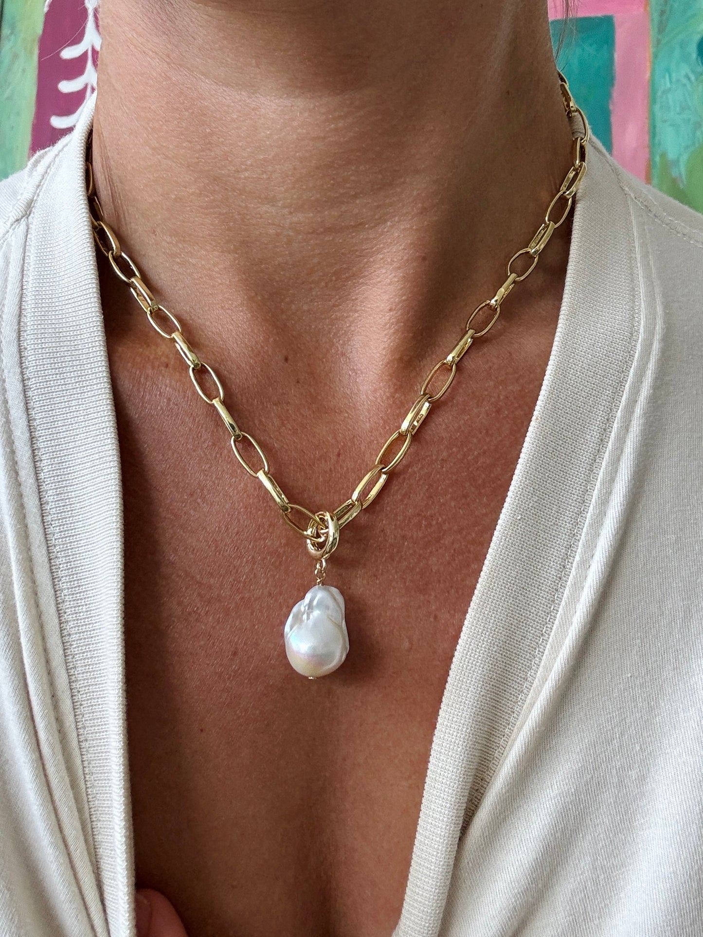Ocean pendant chain necklace with White Baroque Pearl - 14K Gold Fill