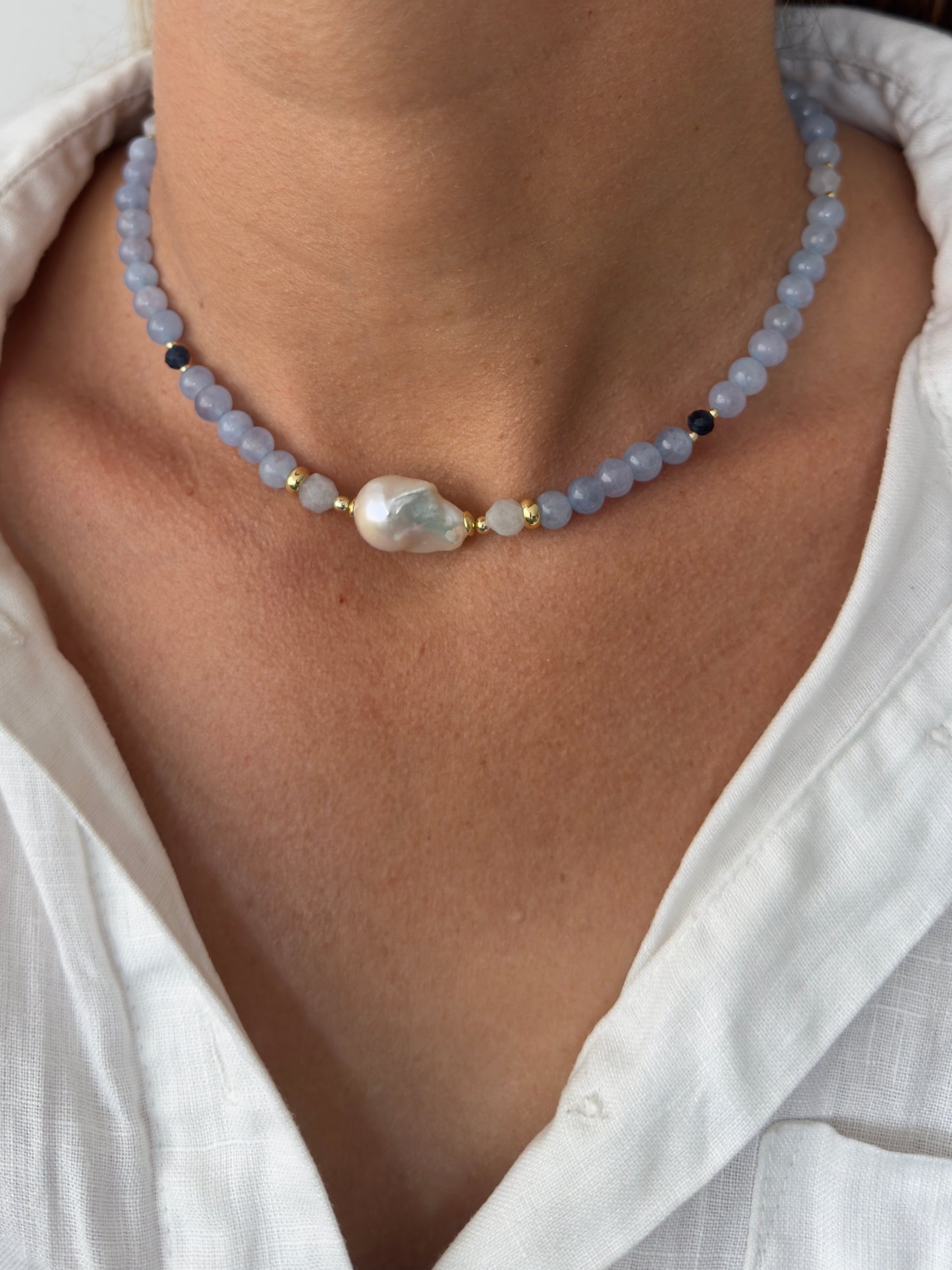 Bronte Aquamarine and Pearl 14K gold fill choker necklace