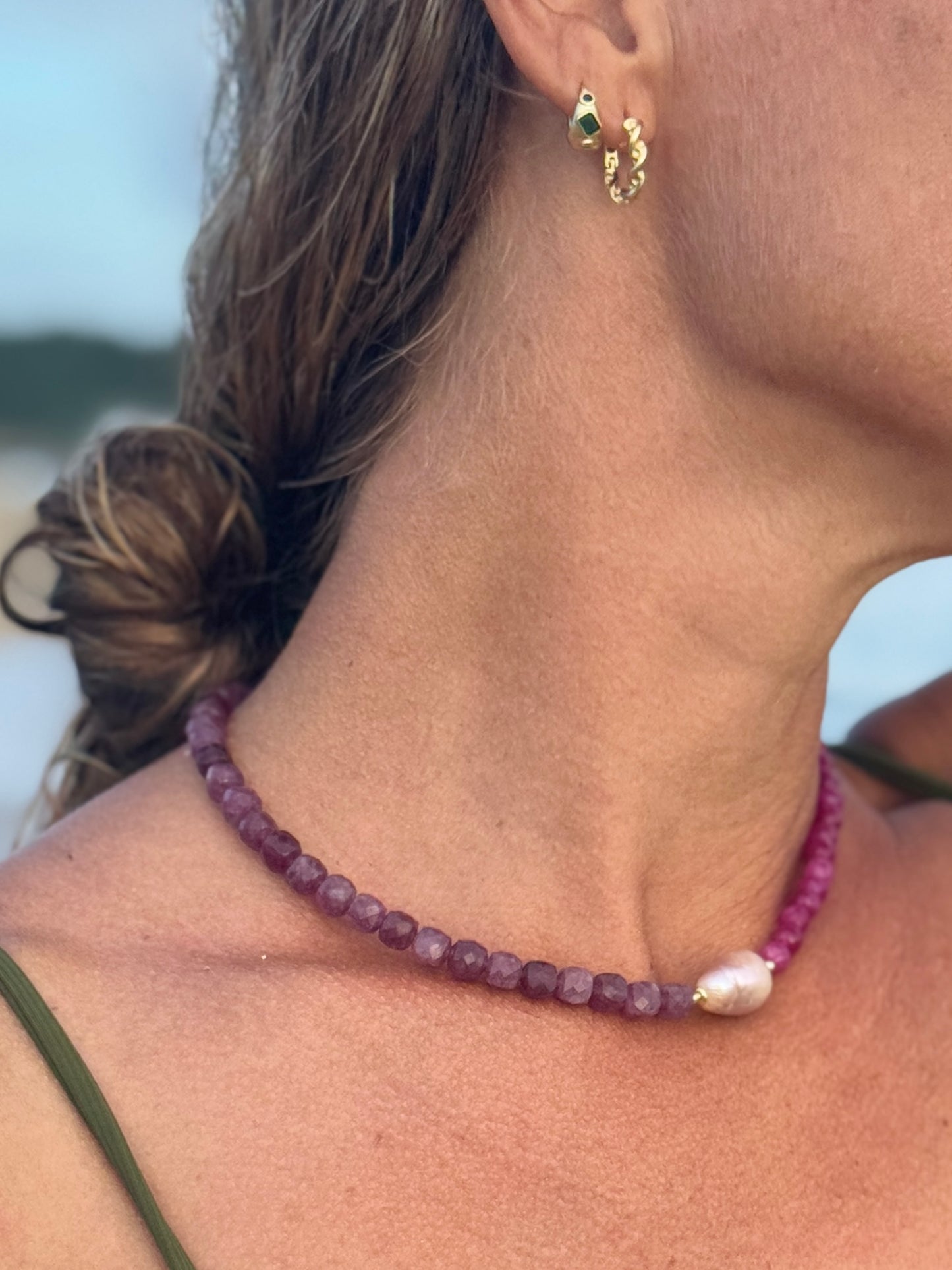 Yin Yang Gemstone and pearl choker necklace