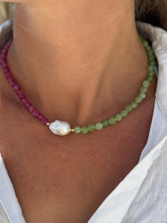 Yin Yang Gemstone and pearl choker necklace